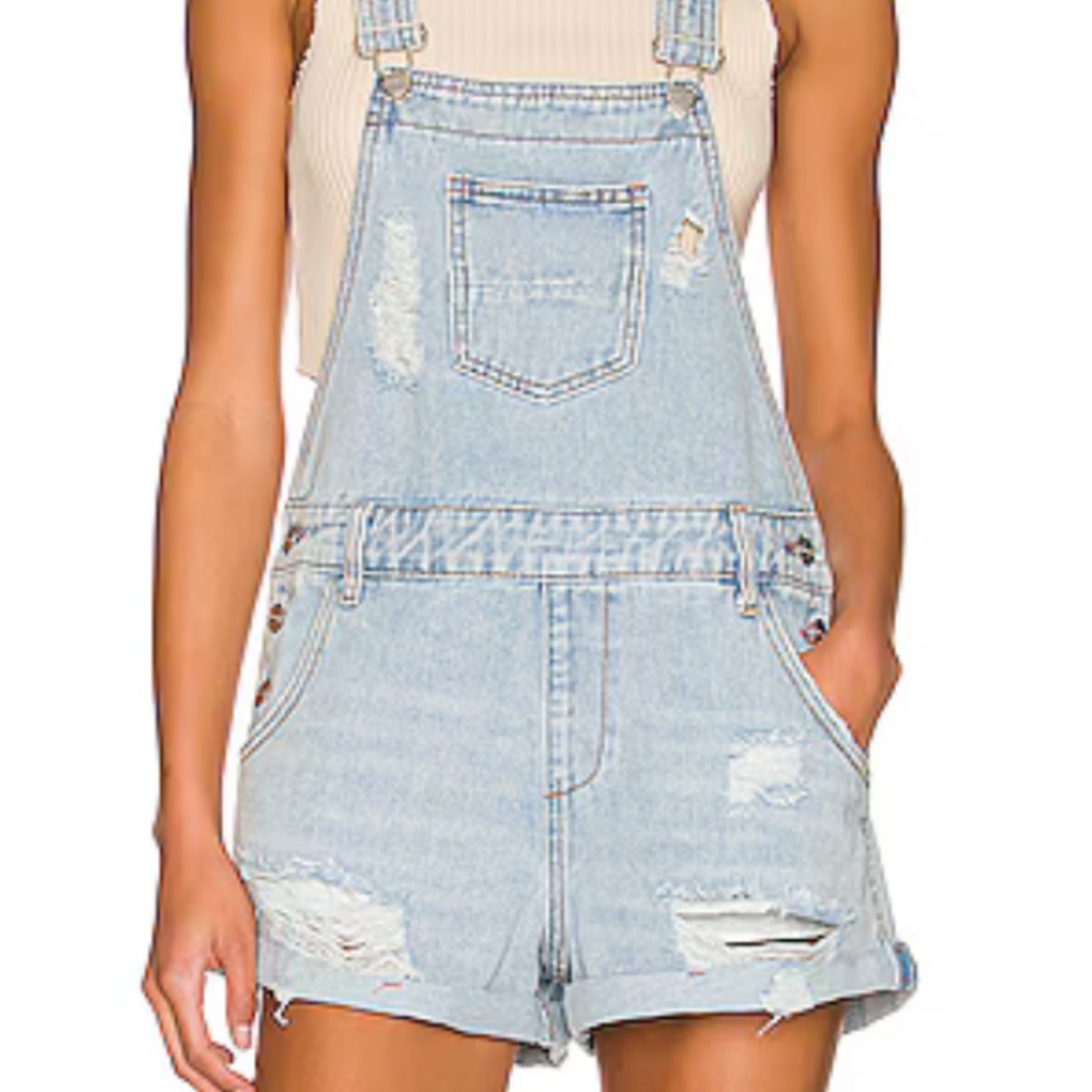 Superdown Meghan Distressed Short Overalls in Light Indigo Wash